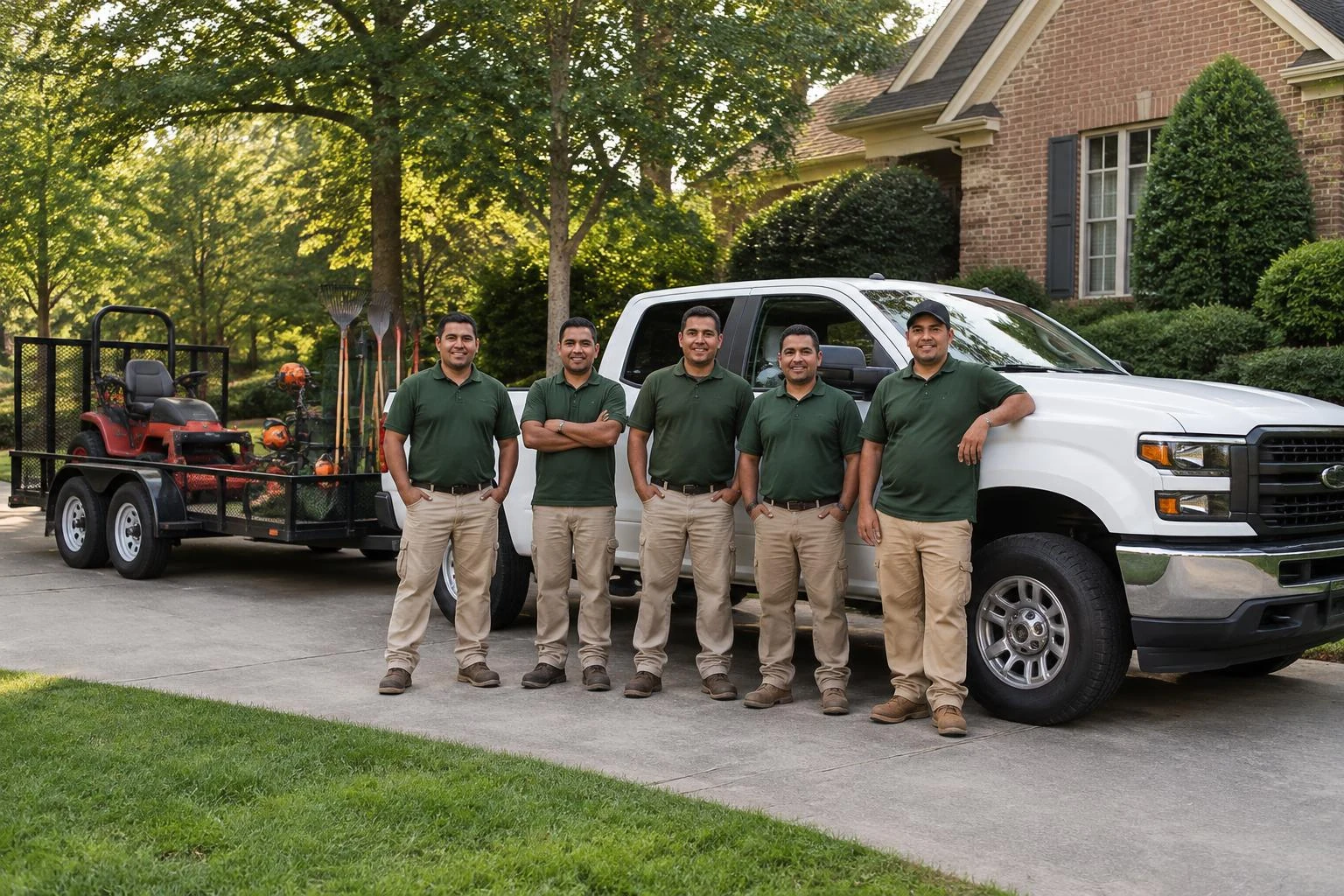 Illustrative landscaping crew with a work truck and equipment trailer
